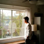 Young man standing at a bright window looking out, hands in pockets