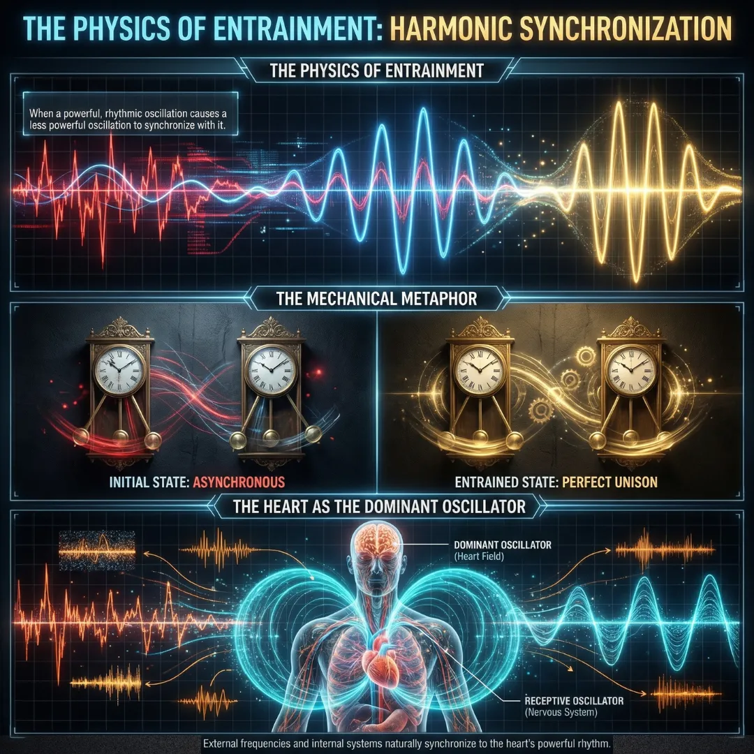 An illustration explaining the physics of entrainment, showing wave synchronization, pendulum clocks in unison, and a powerful heart field synchronizing a receptive nervous system.