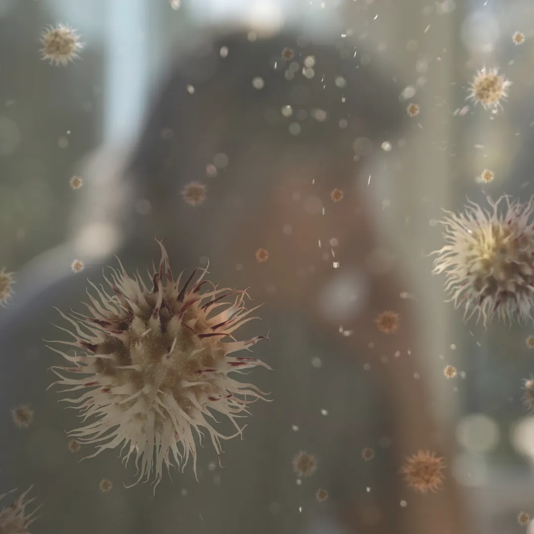 Close-up of airborne allergens like pollen and dust, representing seasonal allergy triggers.