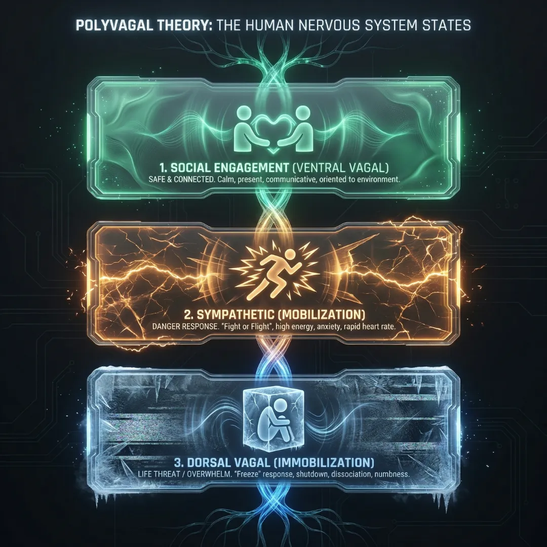Polyvagal Theory diagram showing the three nervous system states: Social Engagement (Green/Safe), Sympathetic Mobilization (Orange/Fight or Flight), and Dorsal Vagal Immobilization (Blue/Freeze Response).