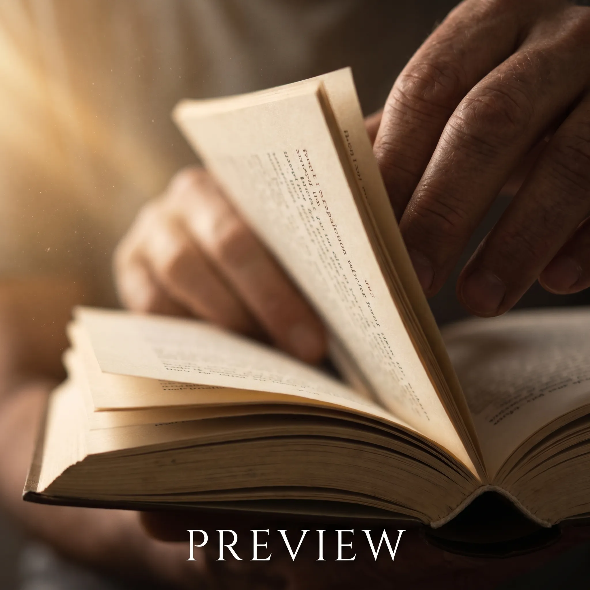 Close up of hands flipping through the pages of an open book with the word PREVIEW overlaid, showing how to preview chapters for better memory.