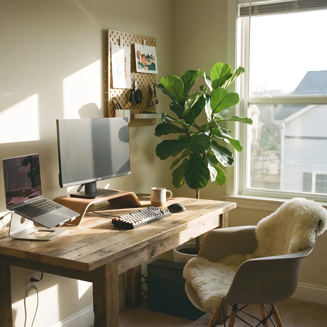 Organized home office desk with natural light and plants, designed for deep work and cognitive focus.