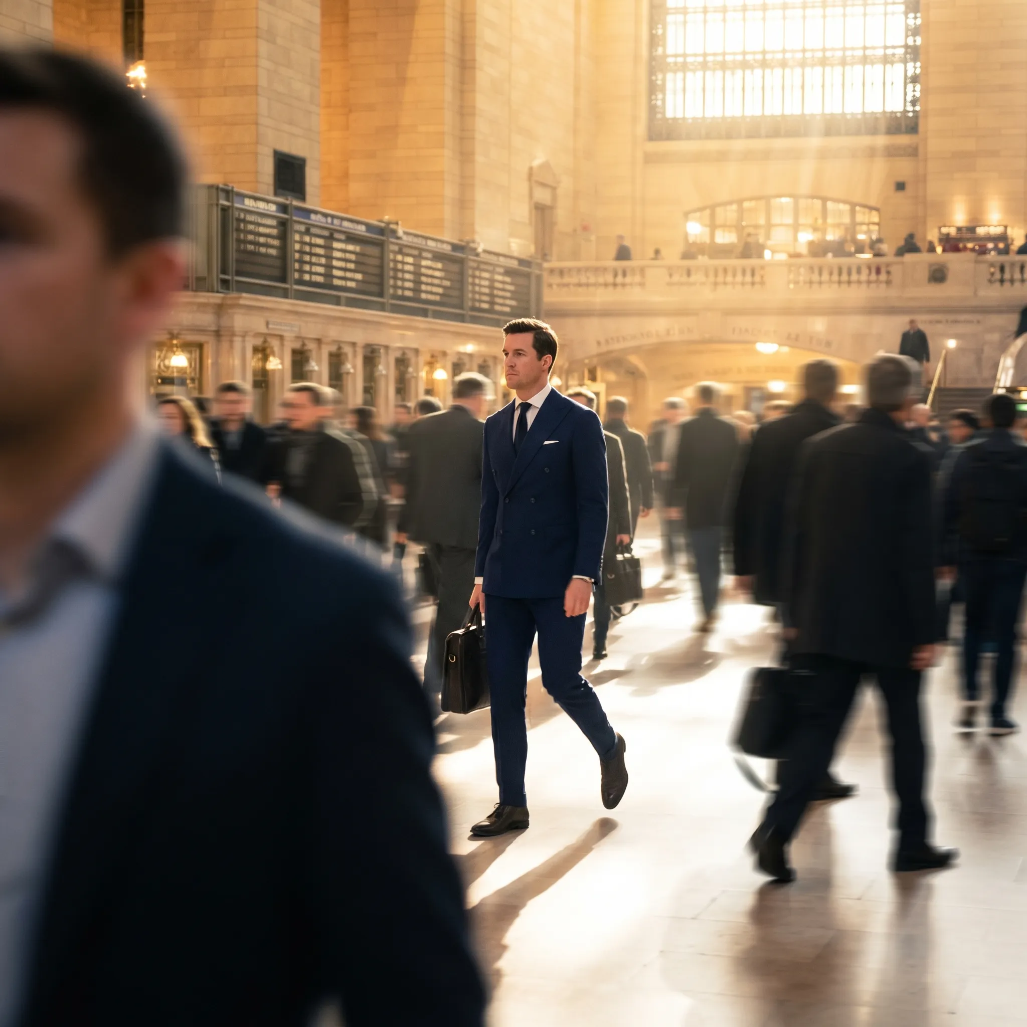 A sharply dressed man walking confidently through a crowded station, demonstrating the psychology of dressing well and social perception.