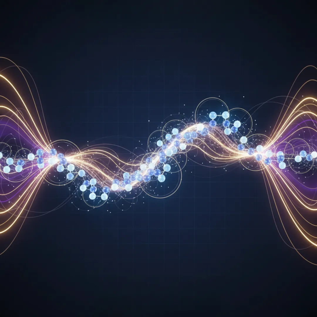 Abstract glowing waves of light and particles moving in a sine wave pattern, representing the transmission of frequency and information through a liquid medium.