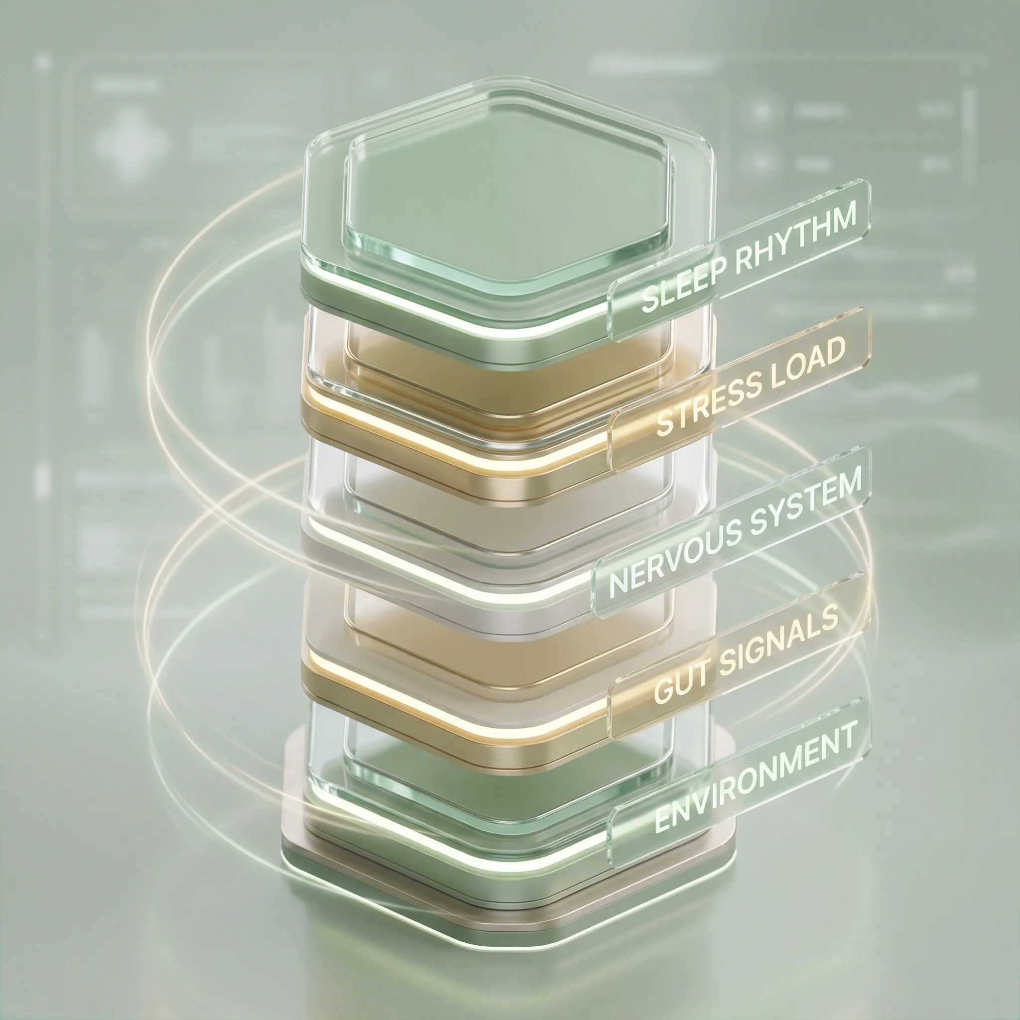 Glass layered visualization of the "Regulation Stack" framework for 2026 wellness, showing layers for sleep rhythm, stress load, and nervous system.