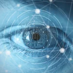 Close-up of a human eye with a digital circuit overlay, representing the concept of recognizing and rewiring cognitive distortions.