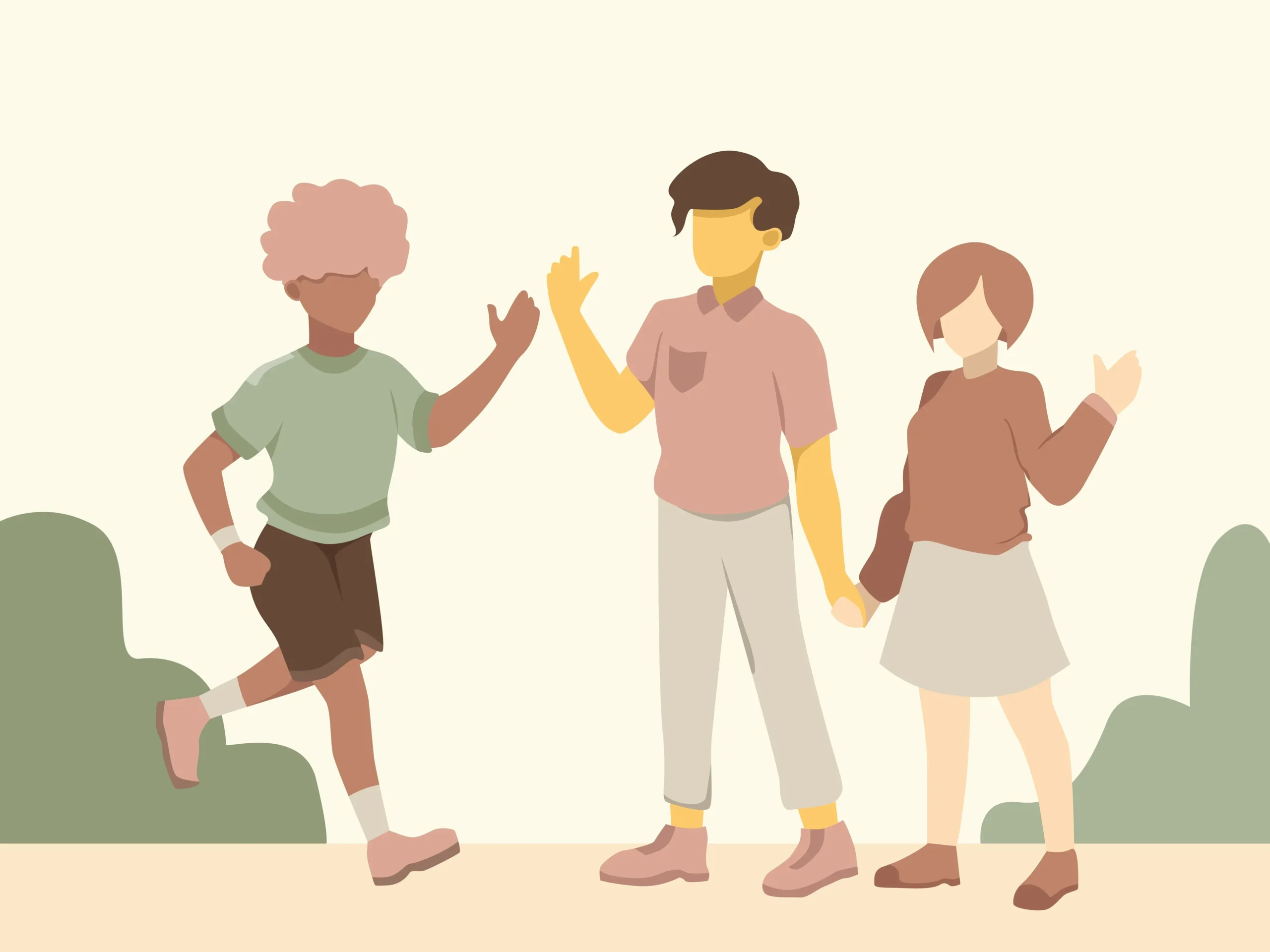 Flat illustration of three people greeting each other and holding hands outdoors