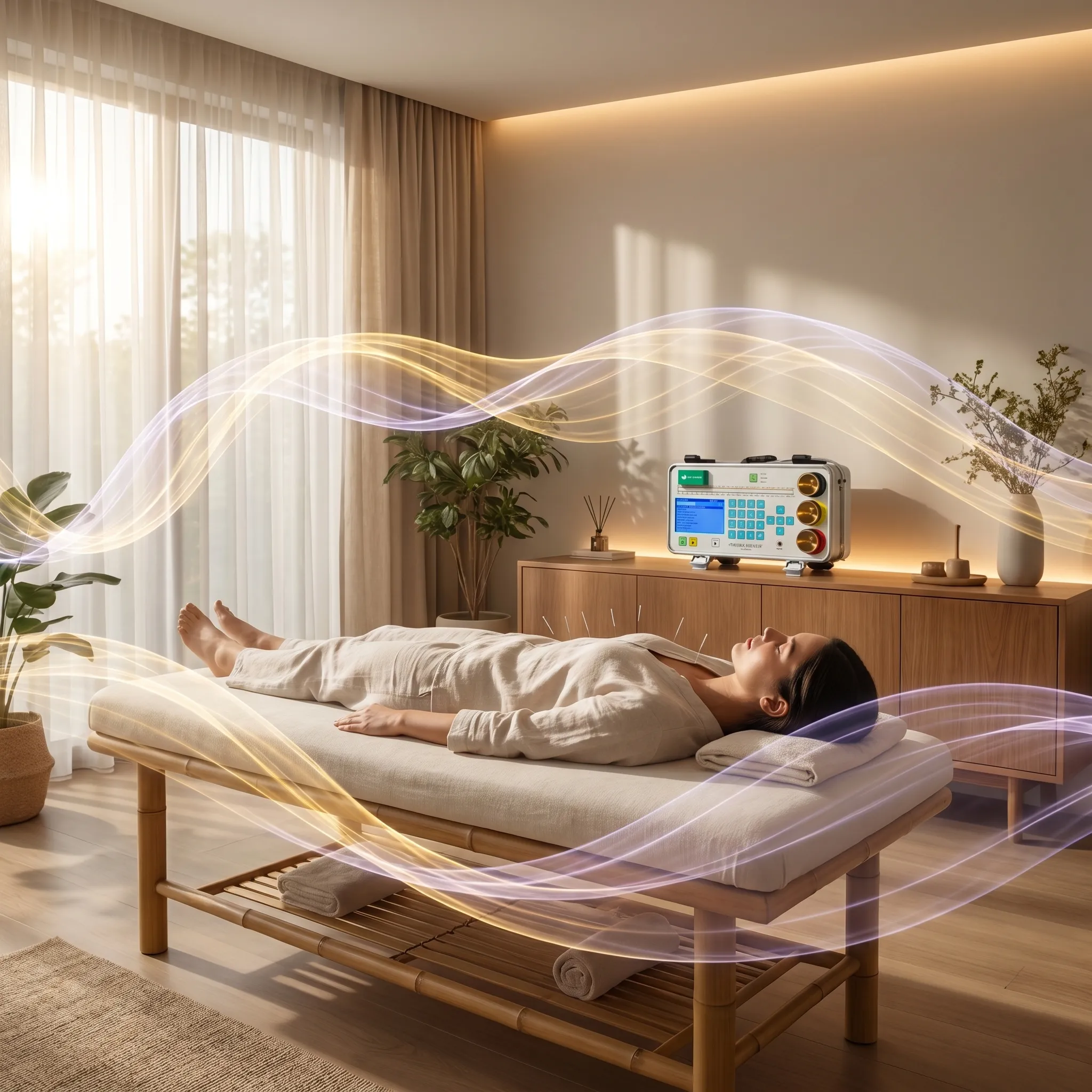 Client resting with acupuncture in a calm clinic room as biofield technology runs quietly in the background