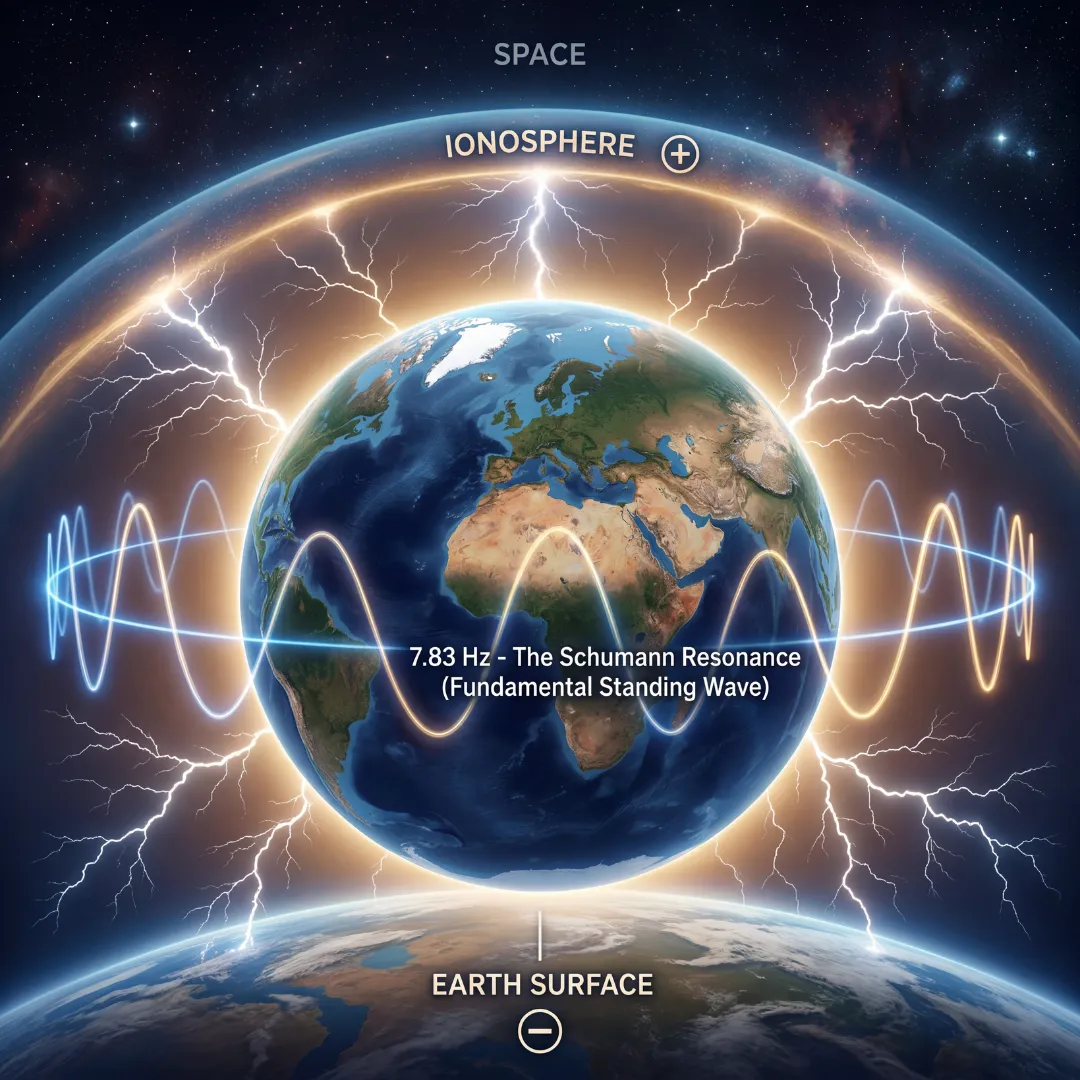 A scientific visualization illustrating the **Schumann Resonance (7.83 Hz)** fundamental standing wave looping around the Earth’s surface and ionosphere, generated by global lightning storms.