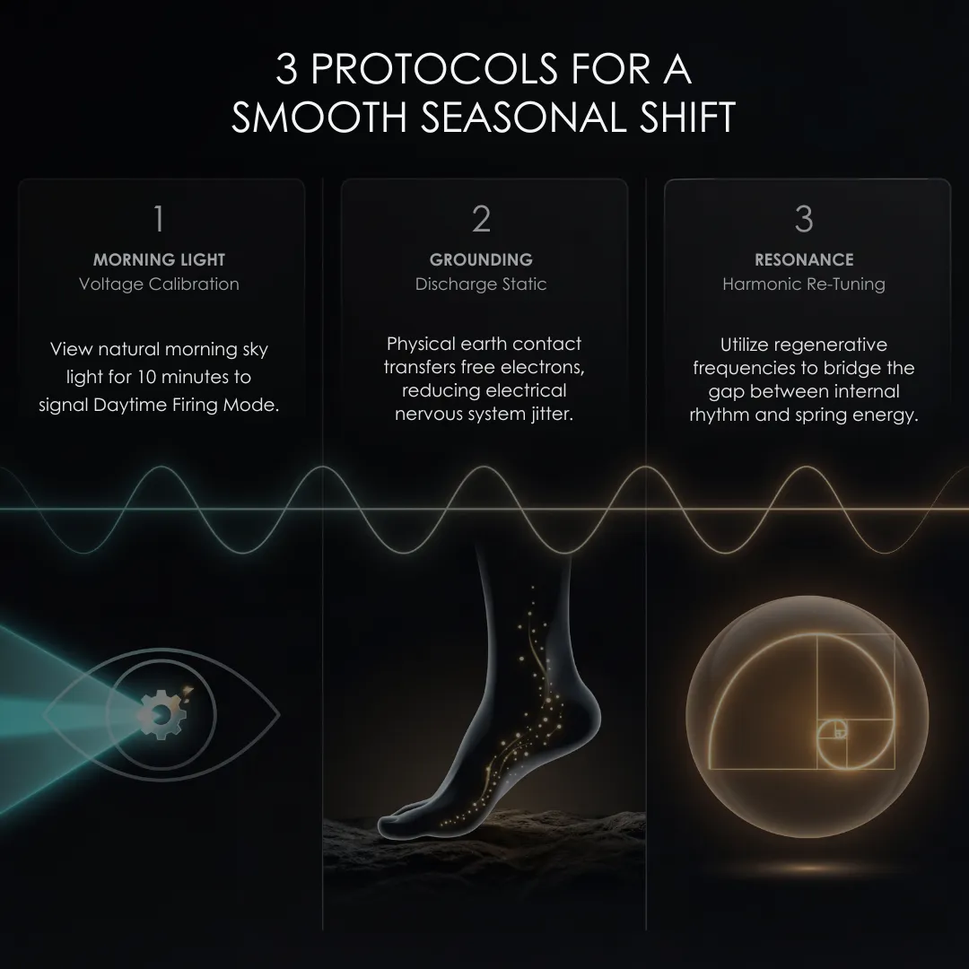 Three bio-electric protocols to support the seasonal shift: viewing morning light for voltage calibration, physical grounding to discharge static, and harmonic resonance.