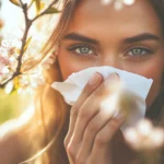 A woman sneezing in a field of blooming flowers, representing seasonal allergies and natural remedies for relief.