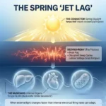 Diagram explaining the spring fatigue circadian rhythm mismatch, showing how fast spring daylight creates electrical friction with slower internal organ tempos.