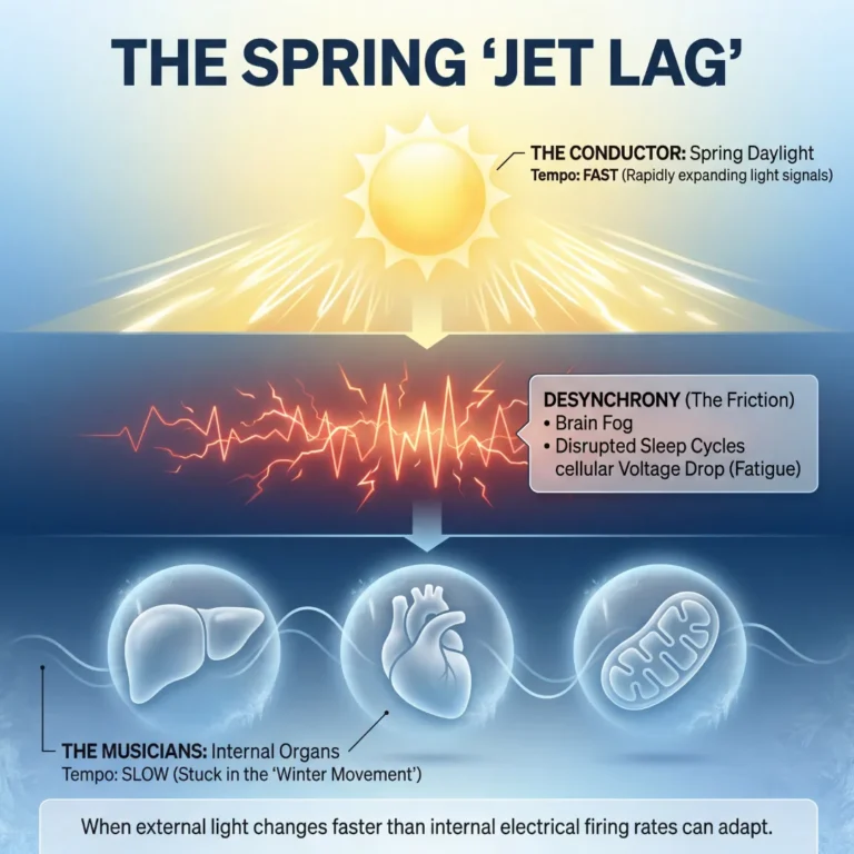 Diagram explaining the spring fatigue circadian rhythm mismatch, showing how fast spring daylight creates electrical friction with slower internal organ tempos.