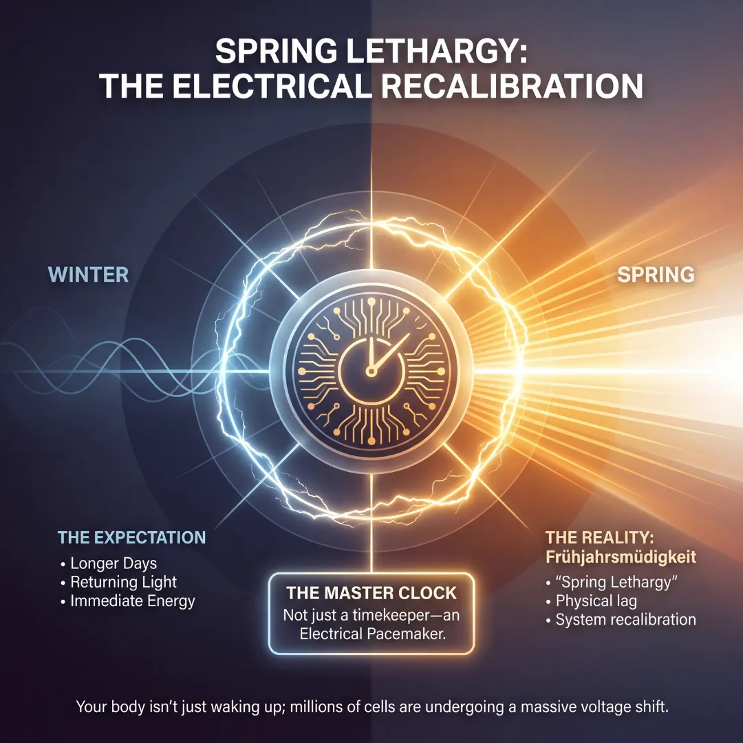 Infographic illustrating the master electrical clock shifting from winter to spring, highlighting the reality of Frühjahrsmüdigkeit or seasonal lethargy.