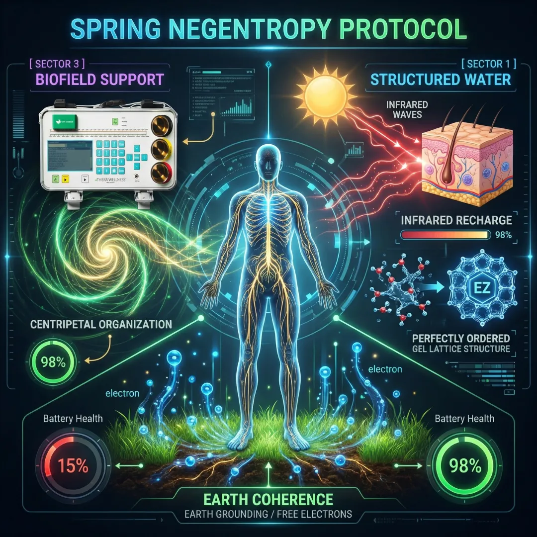 A diagram of a human figure surrounded by three health protocols: infrared waves for structured water, earth grounding for free electrons, and a Thera Wellness device for biofield support.