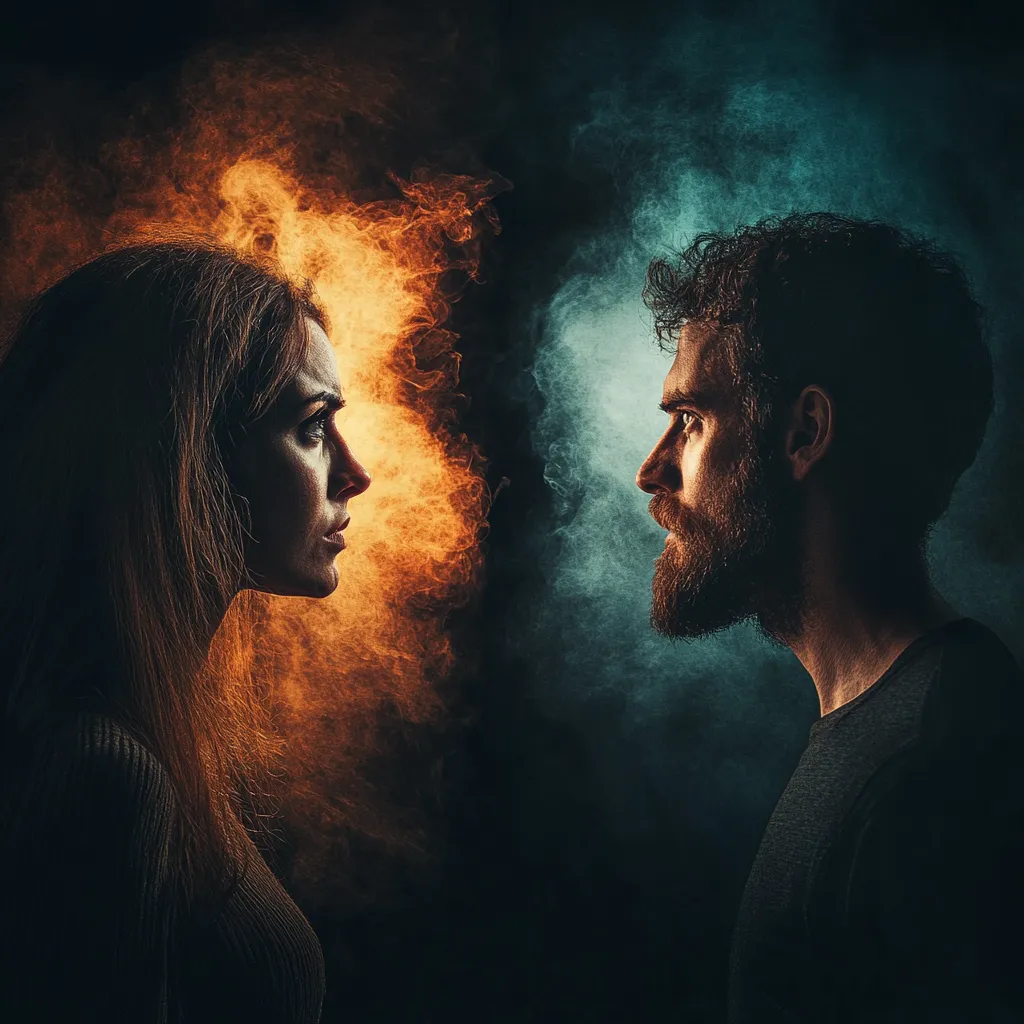 A man and a woman facing each other with contrasting fiery and cool smoke, representing different emotional and stress responses.