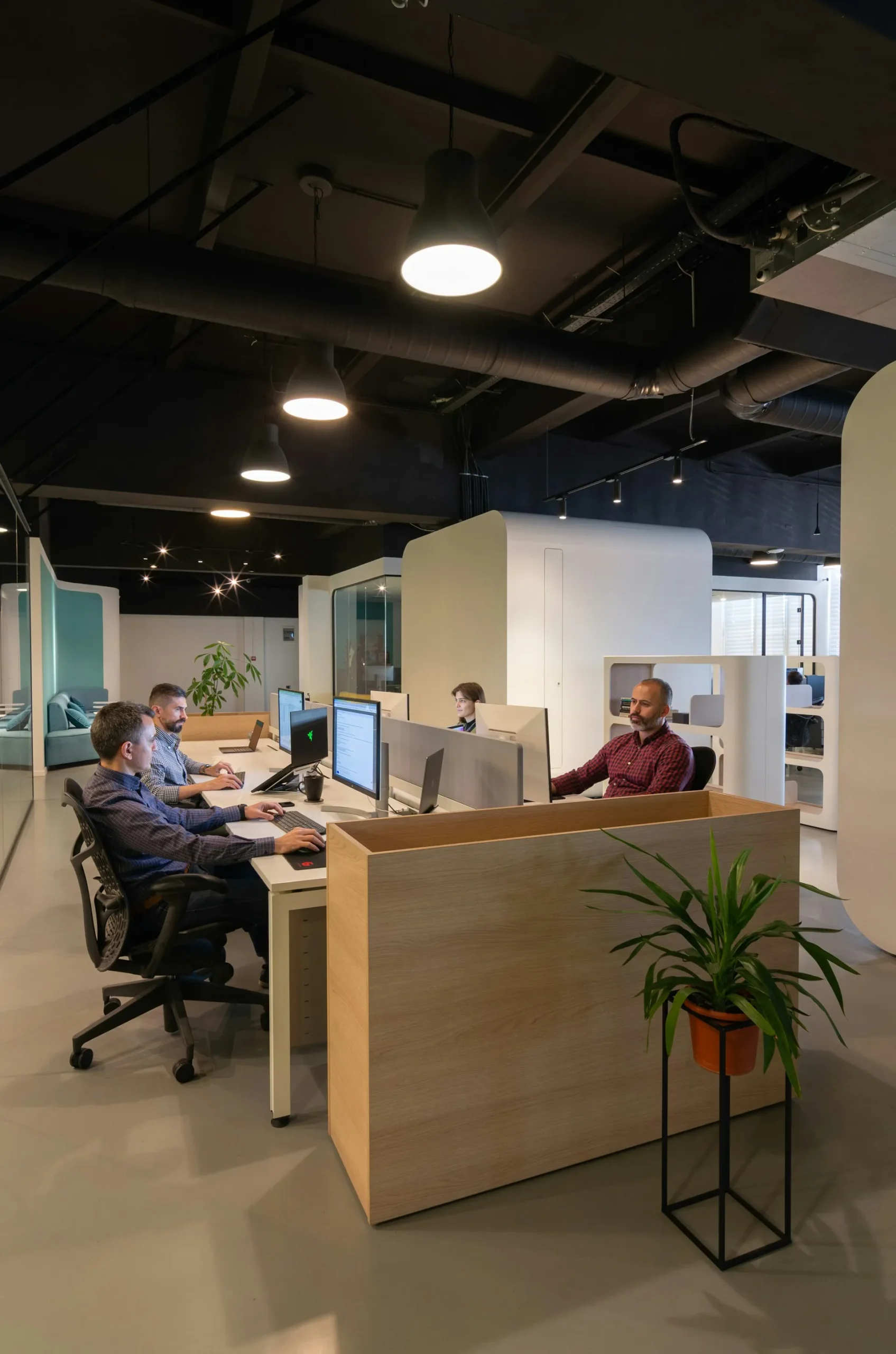 People working at desks in an open-plan office with partitions and pendant lighting