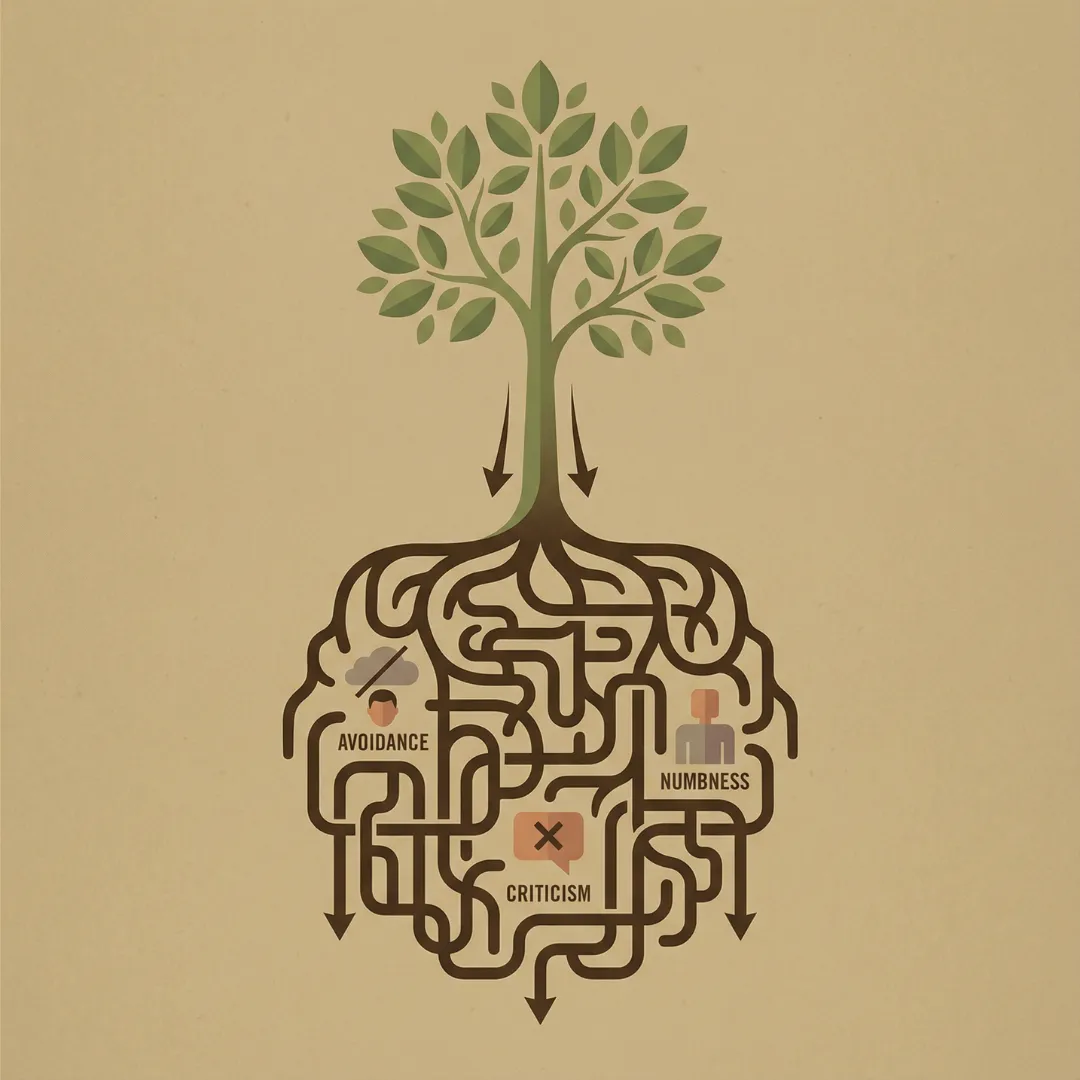 Illustration of a tree with deep roots forming a complex maze in the shape of a brain, labeled with self-sabotaging behaviors like avoidance, criticism, and numbness.