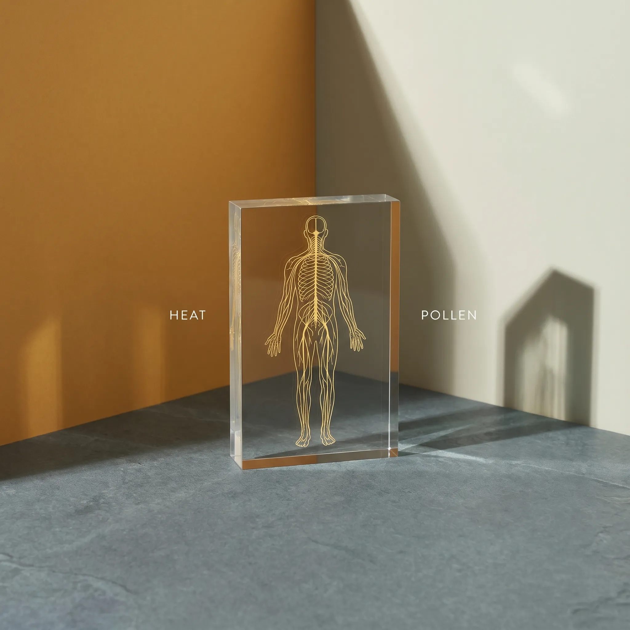 An artistic glass block showing a golden human nervous system, placed between a warm orange wall labeled 'Heat' and a light beige wall labeled 'Pollen', representing the summer stress load.