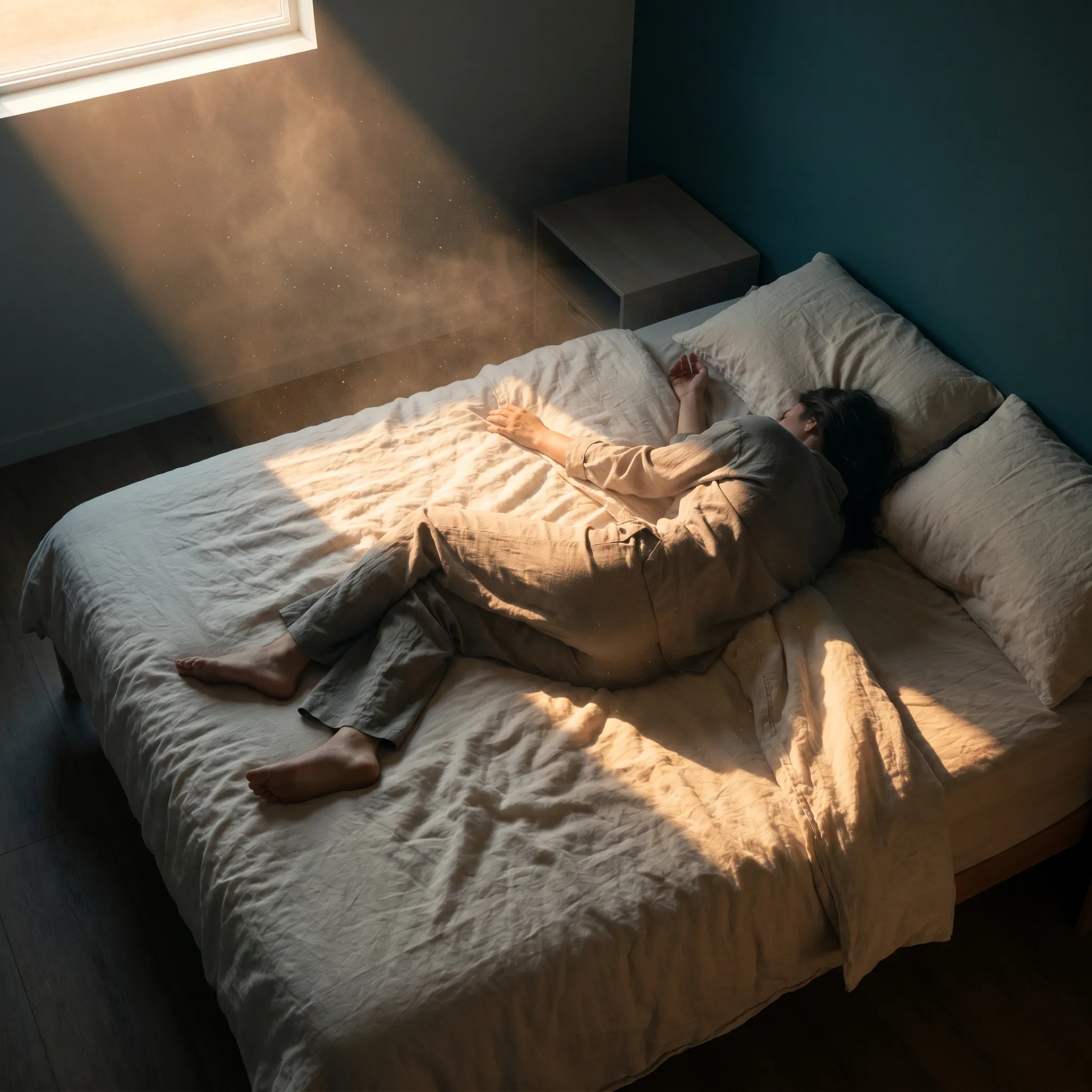 A woman lying exhaustedly on a bed with sunlight and dust particles beaming through a window, illustrating sleep impairment caused by summer fatigue and allergies.