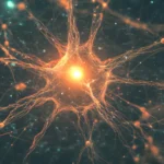 A scientific illustration of a neuron firing, representing the neuromodulation and CNS network effects of taVNS on brain regions like the locus coeruleus to regulate arousal and stress.