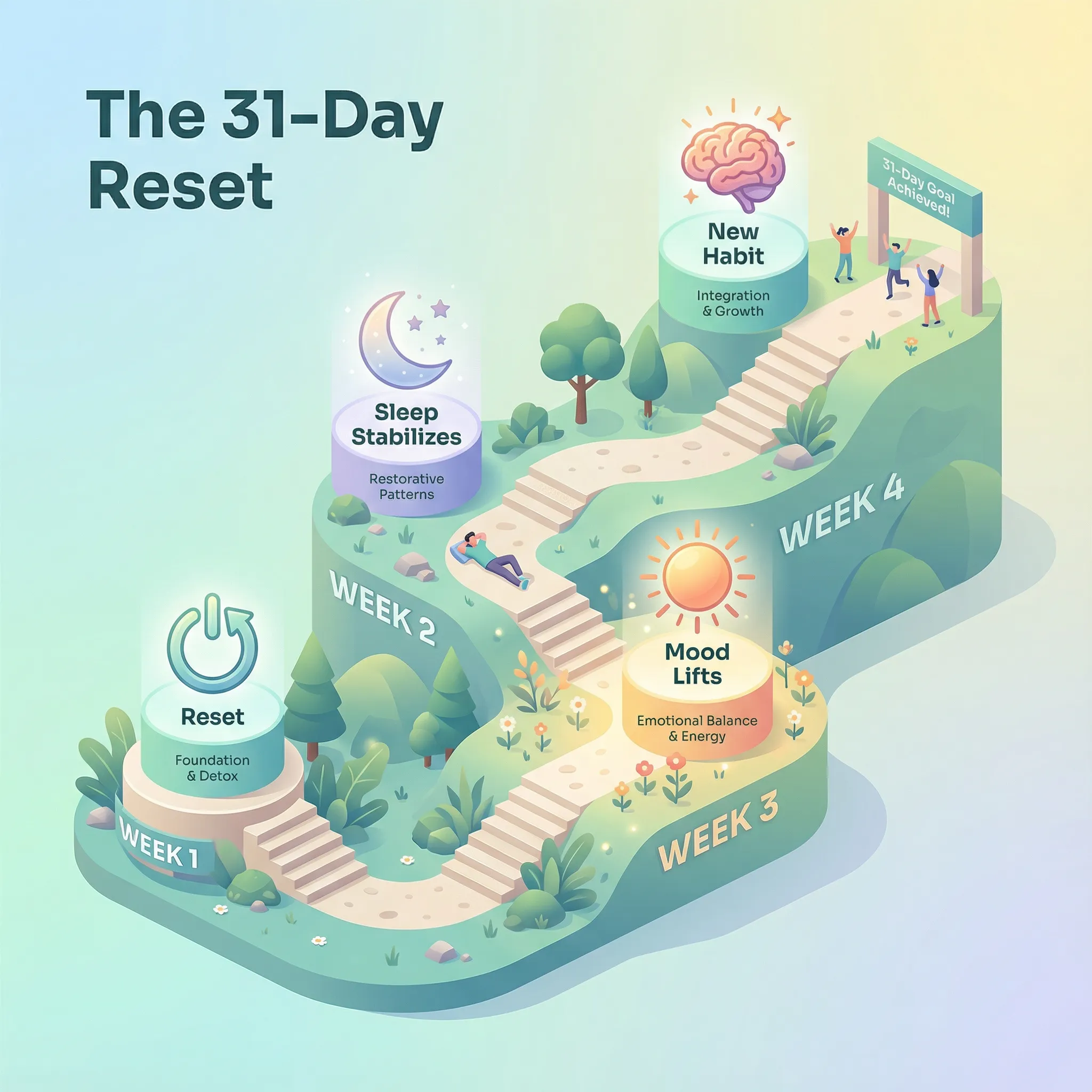 Isometric illustration of a staircase timeline labeled "The 31-Day Reset," showing progressing stages: "Week 1: Reset," "Week 2: Sleep Stabilizes," "Week 3: Mood Lifts," and concluding with "Week 4: New Habit" and a goal gate.