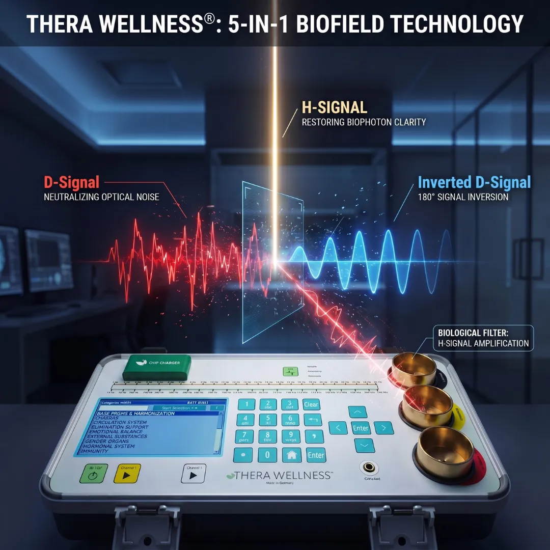 The Thera Wellness 5-in-1 biofield technology device showing H-signal amplification and 180-degree signal inversion to neutralize optical noise.