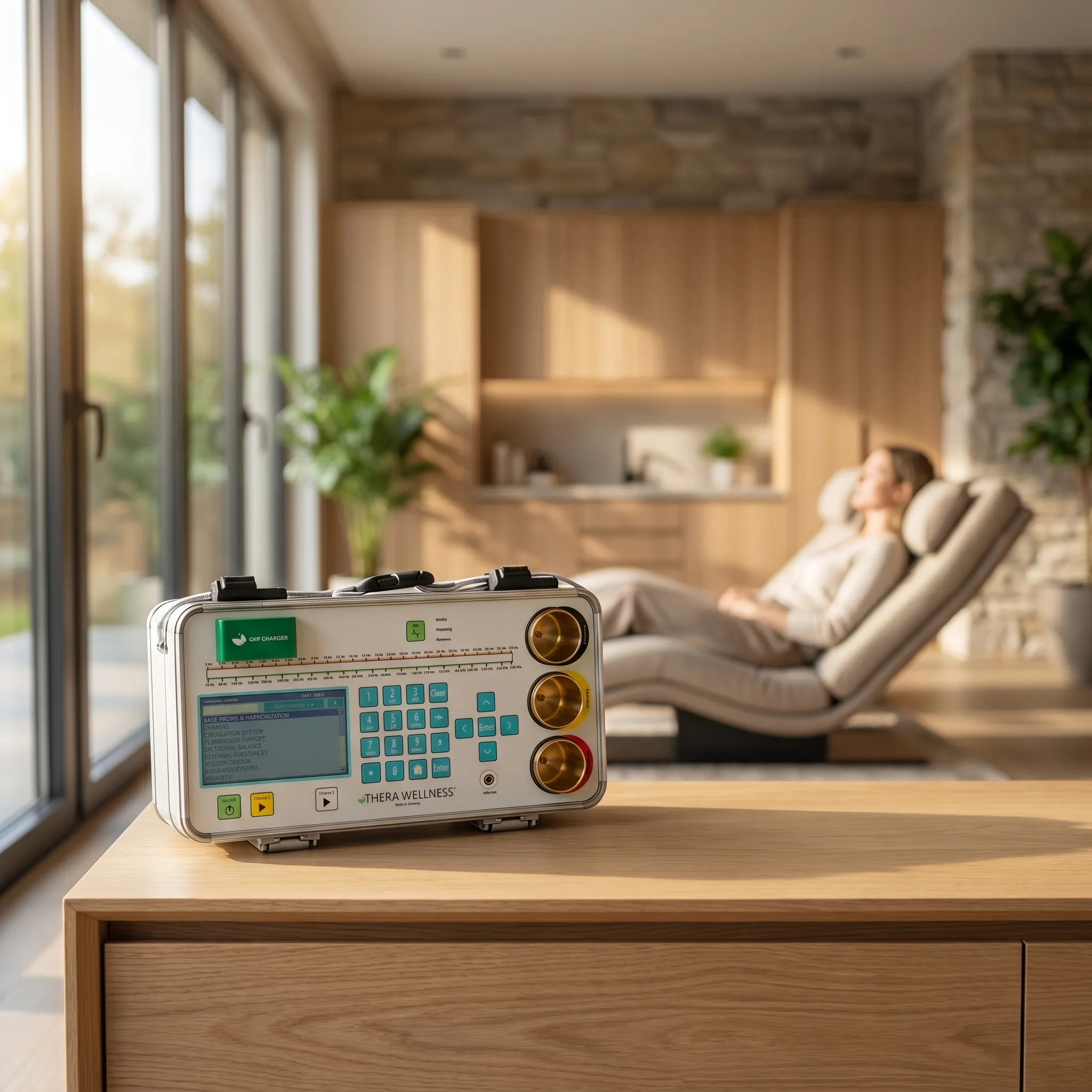 The THERA WELLNESS 5-in-1 biofield technology device on a wooden counter with a client relaxing in a wellness clinic chair in the blurred background.