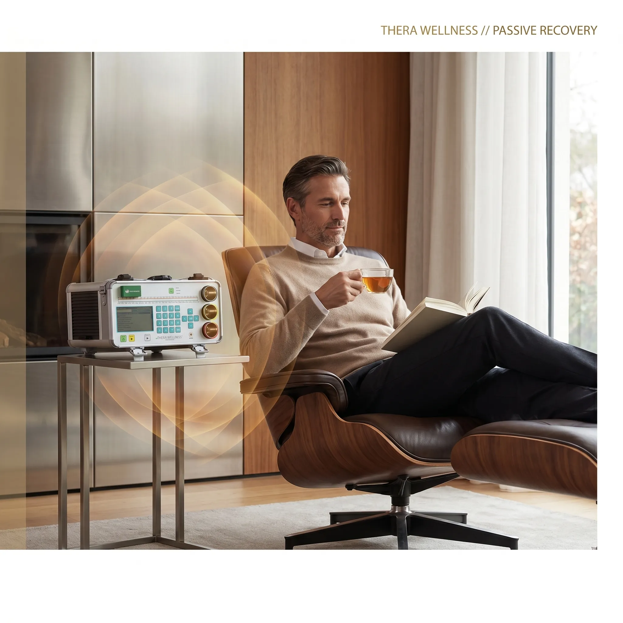 Man using Thera Wellness passive recovery technology to achieve nervous system regulation and relaxation.