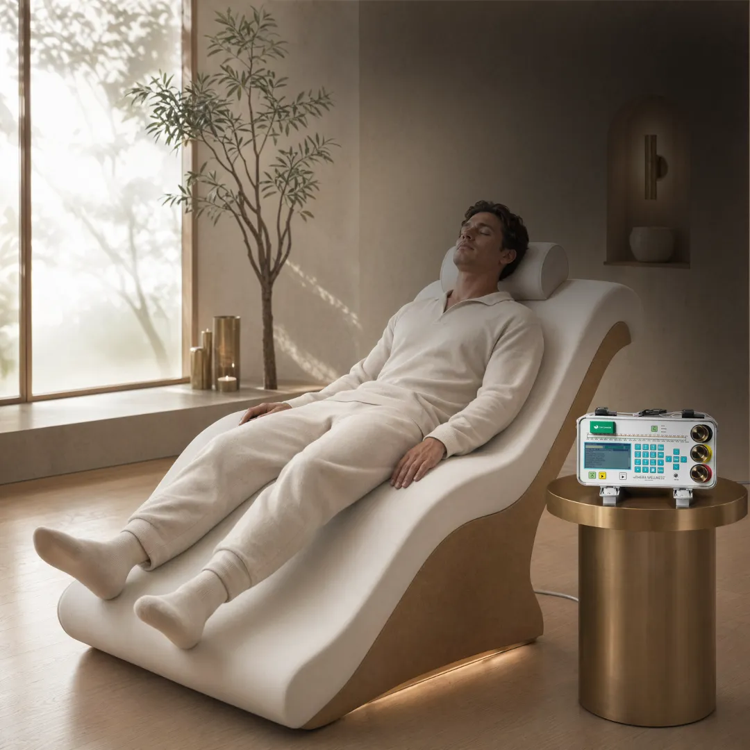 A client reclining in a modern holistic clinic using the THERA WELLNESS professional biofield system for Schumann wave therapy and cellular regeneration.
