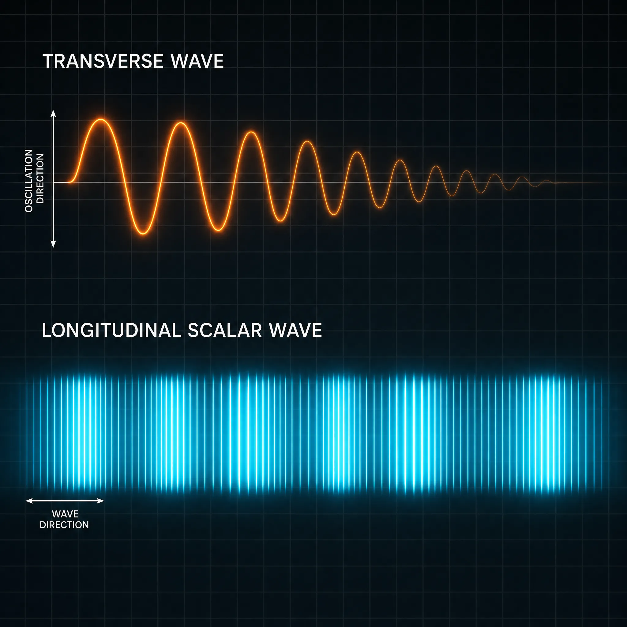 Diagram comparing an orange transverse wave with a blue longitudinal scalar wave by oscillation and wave direction