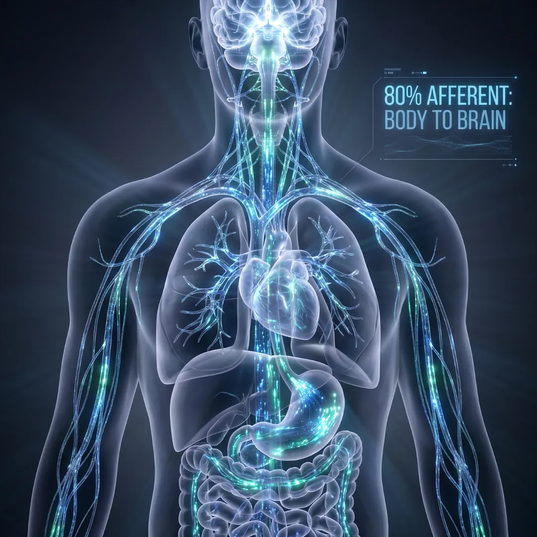 Medical illustration of the human nervous system highlighting the Vagus Nerve, showing that 80% of its fibers are afferent and send signals from the body up to the brain.