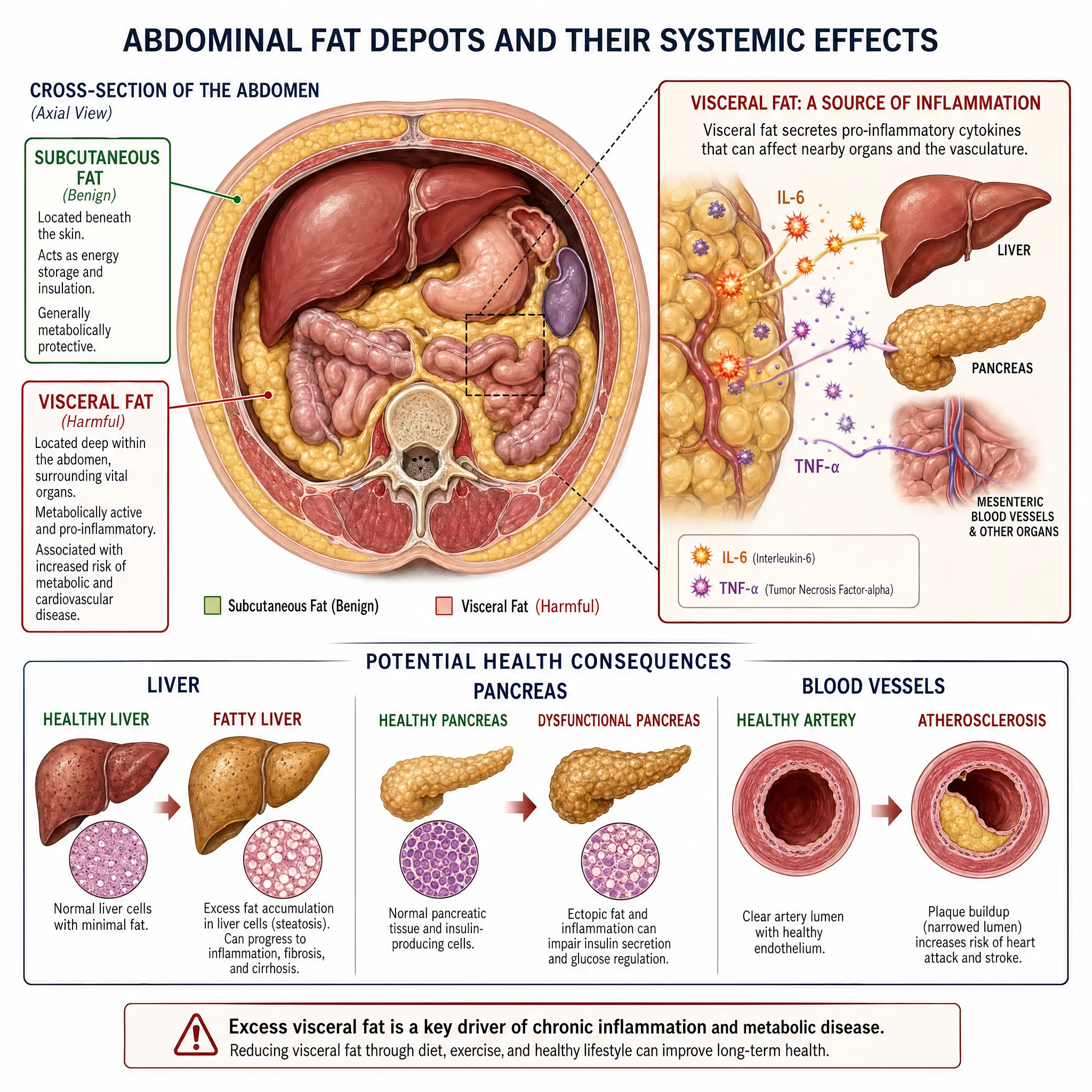 Detailed cross-section of abdominal fat depots showing visceral fat releasing pro-inflammatory cytokines IL-6 and TNF-alpha.