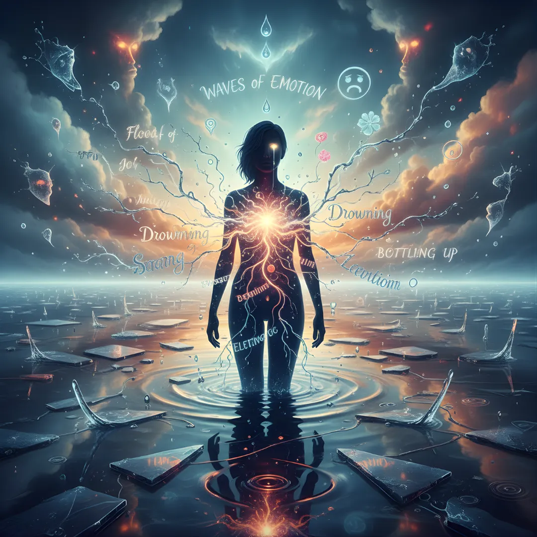 Artistic illustration of a silhouette standing in water, surrounded by words like "waves of emotion" and "flow," symbolizing the link between emotional states and internal water.