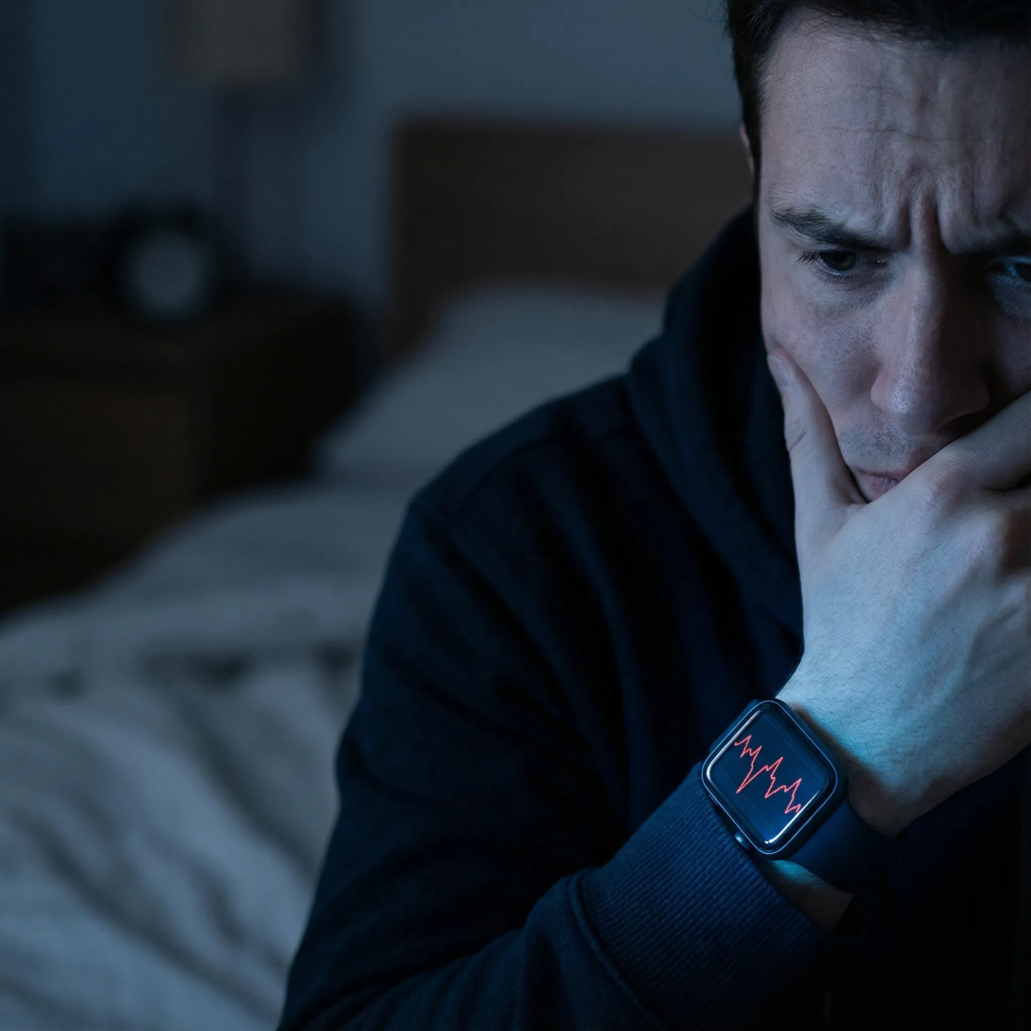 Man awake at night feeling anxious while looking at his smartwatch showing stress spikes, illustrating the problem of data vigilance.