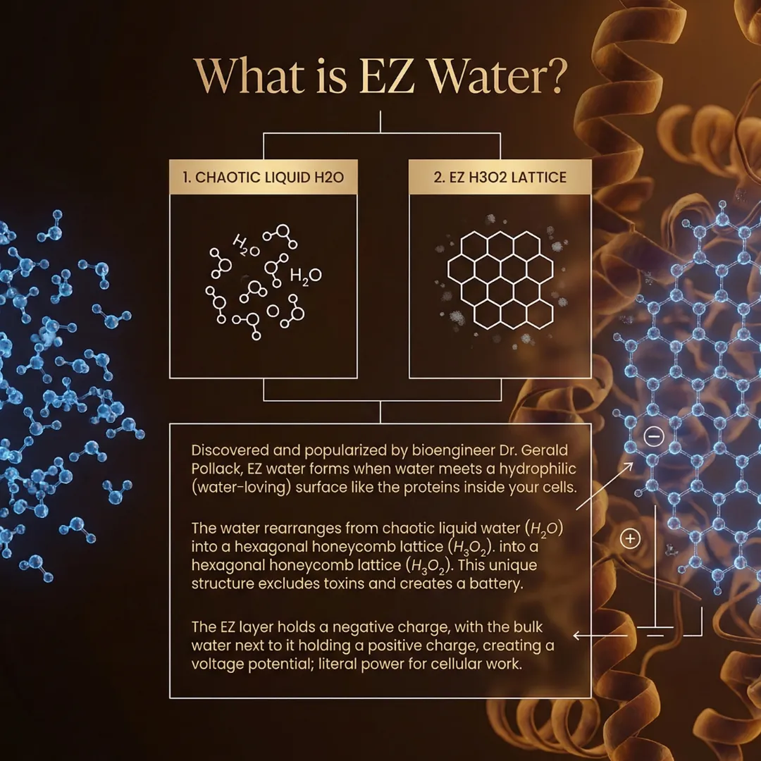 Diagram comparing chaotic liquid water to the hexagonal H3O2 lattice of EZ water, explaining how exclusion zones create a biological voltage potential.