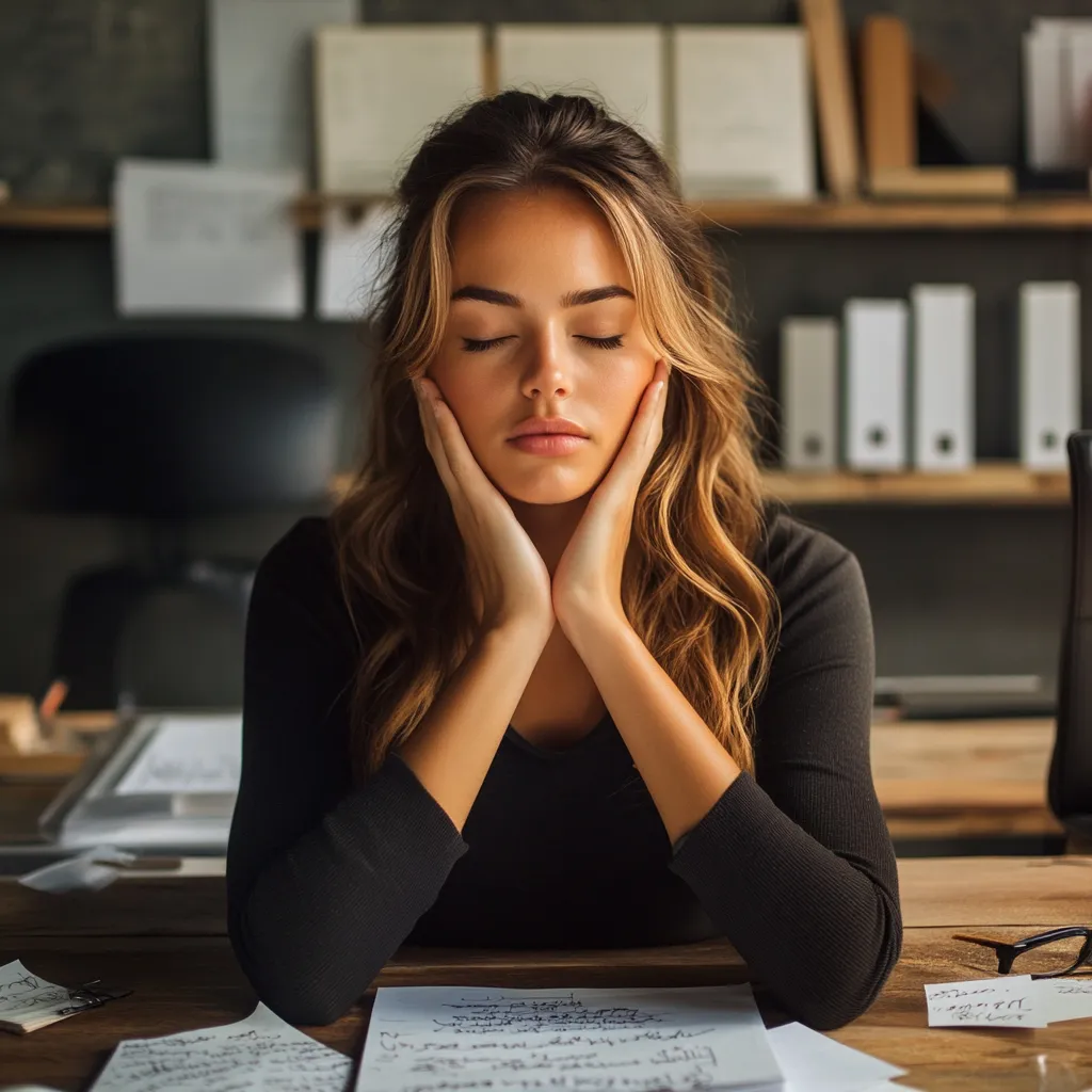 A stressed woman at her desk, overwhelmed with work, representing the effects of chronic stress on mental health.