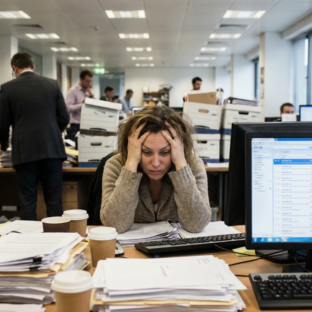A stressed woman at an office desk holding her head in her hands, surrounded by piles of paper, illustrating the emotional exhaustion typical of occupational burnout.
