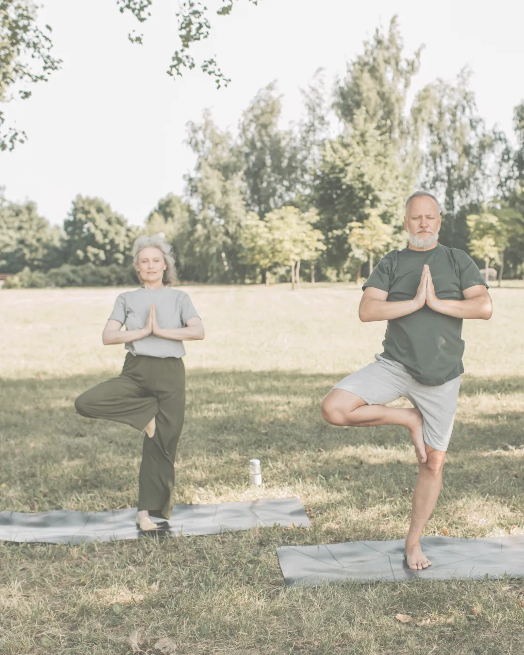 Older couple practicing yoga and meditation outdoors at a longevity wellness retreat.